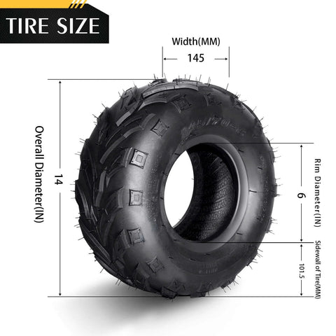 145/70-6 ATV UTV Go Kart Tire 145x70x6 with 4Ply rating, tubeless rubber designed for racing, shown with size measurements in inches.