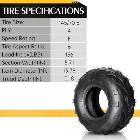 145/70-6 ATV UTV Go Kart Tires 145x70x6 4Ply Rated Tubeless Rubber Tires Pack of 2 with specifications chart