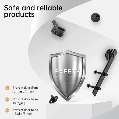 Safety features of the 14 FT Heavy Duty Sliding Barn Door Hardware Track Kit with Straight Pulley and smooth ball bearing rollers.