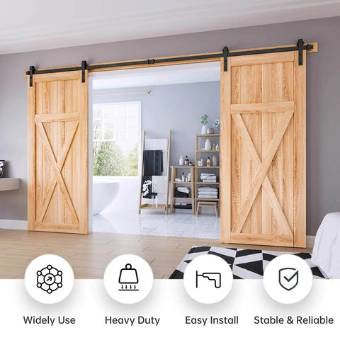 14 FT Double Door Sliding Barn Door Hardware Track Kit installed on double wooden doors in a modern living room.