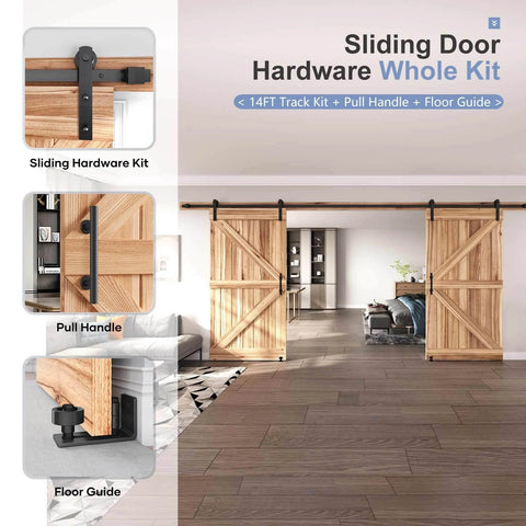 14 FT Double Sliding Barn Door Hardware Kit with Track and Handles, installed in living space, featuring sliding hardware, pull handle, and floor guide
