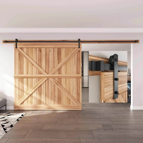 14 FT Heavy Duty Sliding Barn Door Hardware Track Kit with Straight Pulley installed on wooden door in modern room