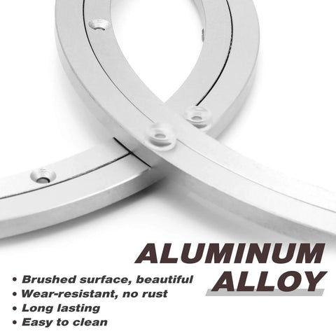 Close-up of 2 Pack 14 Inch Lazy Susan Hardware Heavy Duty Aluminum Alloy Turntable Bearing Rings showing brushed surface and durability features.