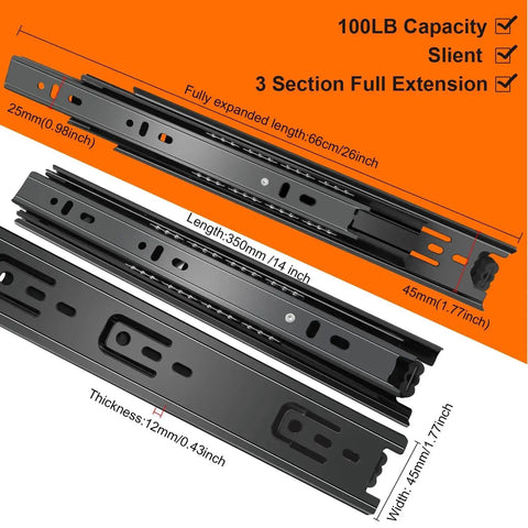 14 Inch Full Extension Drawer Slides Three Fold Four Pairs Eight Pieces Side Mount Cabinet Glides Black 100 Lb Capacity
