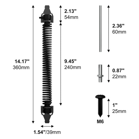 Dimensions and components of 14" Fence gate Spring self Closing and Adjustable for Wooden or Vinyl Fence, Carbon Steel, Black(gate spring-14)