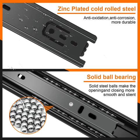 14 Inch Full Extension Drawer Slides Three Fold Four Pairs Eight Pieces Side Mount Cabinet Glides Black 100 Lb Capacity Quiet Smooth Bearings