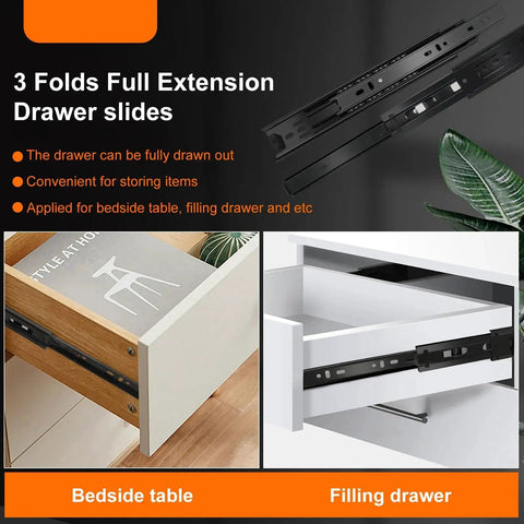 14 Inch Full Extension Drawer Slides Three Fold Four Pairs Eight Pieces Side Mount Cabinet Glides Black 100 Lb Capacity Quiet Smooth Bearings