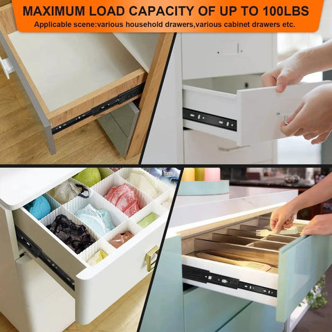 14 Inch Full Extension Drawer Slides Three Fold Four Pairs Eight Pieces Side Mount Cabinet Glides Black 100 Lb Capacity Quiet Smooth Bearings for dresser cabinet kitchen wardrobe trash can in various household scene showing maximum load capability.