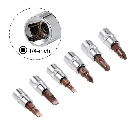 1/4" Drive Phillips Slotted Bit Socket Set, S2 Steel Bits, CR-V Sockets 6-Piece (PH1-PH3, FD4-FD7) displayed in a row