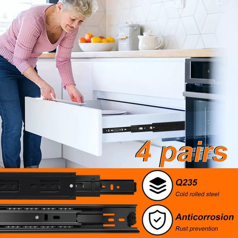 Woman using 14 Inch Full Extension Drawer Slides Three Fold Four Pairs Eight Pieces Side Mount Cabinet Glides Black 100 Lb Capacity