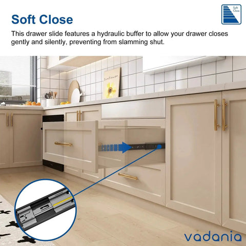 14 Inch Soft Close Drawer Slide With Full Extension For Dresser And Kitchen Cabinets, Heavy Duty 100 Pound Load Capacity, shown installed