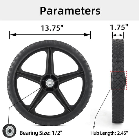 14 x 1.75 Inch Spoked Plastic Wheel and Tire 2 Pack with 2.45 Inch Hub Length and 1/2 Inch Bearing, dimensions shown