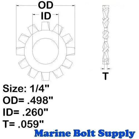 Technical diagram of 1/4 Inch Stainless Steel External Tooth Lock Washers Pack Of 100 showing dimensions.