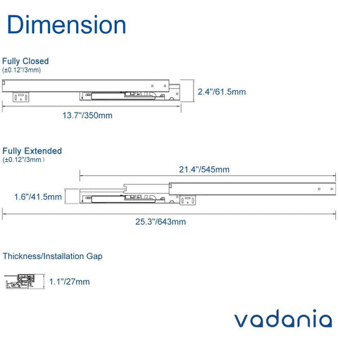 Technical drawing of 14" Undermount Drawer Slide, Soft Close, dimensions showing full extension and installation gap, Vadania branding