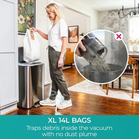 Woman changing 14L bag in Powerful Commercial Upright Vacuum Cleaner With 14 Liter Bagged Capacity, LED Headlight, Two Speed Settings