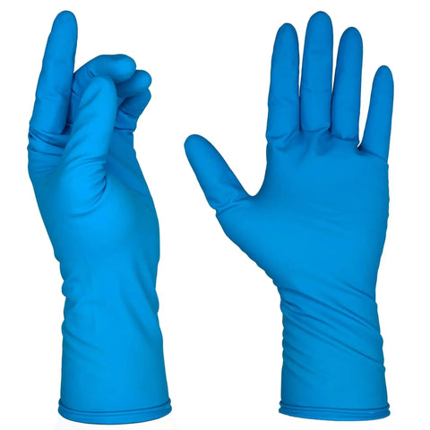 14 Mil Blue Latex Disposable Gloves Powder Free With Extended Cuff Textured Grip displayed front and back view