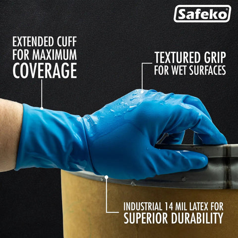 14 Mil Blue Latex Disposable Gloves Powder Free With Extended Cuff Textured Grip, hand gripping wet surface