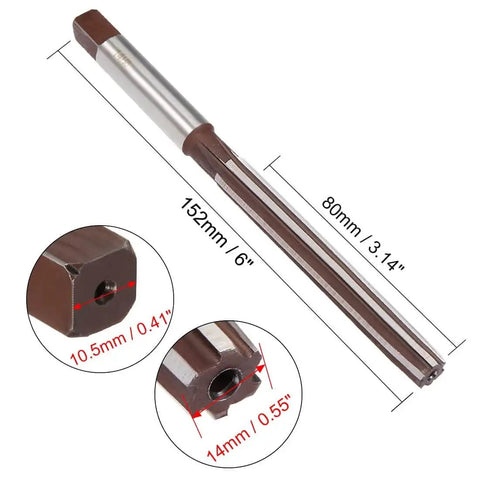 14mm Hand Reamer With 6 Straight Flutes Pro Grade 9SiCr Alloy Tool Steel H8 152mm Overall Length Square Shank 10.5mm Precision Metal Reaming Drill Bit For Milling And Metalworking with dimensions