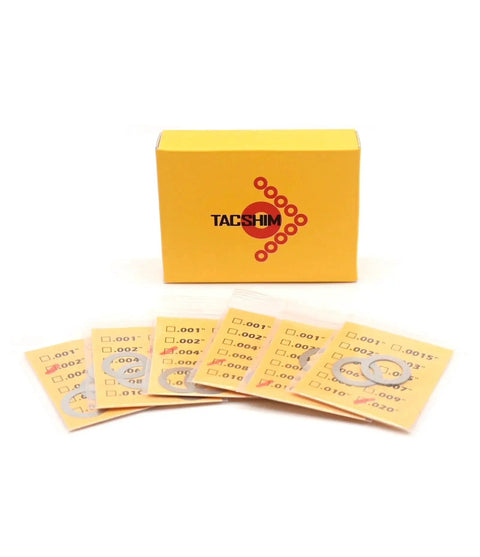 14 Pack Half Inch 28 TPI Barrel Shim Kit for .223 and 5.56 Muzzle Brakes, Precision Stainless Steel 304 shown in packaging with labeled shims