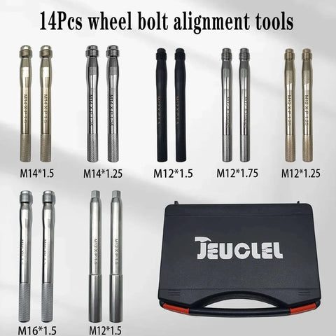 14Pcs Wheel Stud Alignment Pin Set with carry case, assorted M12-M16 thread sizes, stainless steel, wheel hanger rim stud bolt nut.