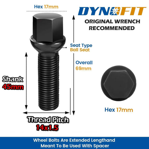 14x1.5 Lug Bolts for 20 mm Wheel Spacers, 17mm hex, 45mm shank, detailed view, with dimensions and specifications.