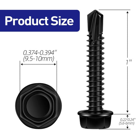 #14 x 1 Inch Hex Washer Head Self Tapping Screws Made from 410 Stainless Steel with Black Finish Self Drilling TEK Design size dimensions