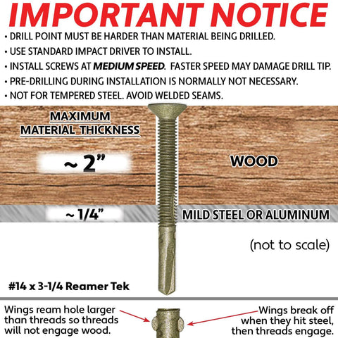 Diagram of #14 x 3-1/4 Reamer Tek Torx Self Drilling Screws for Wood to Metal and Aluminum, with installation guidelines.