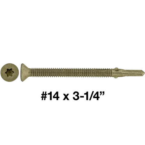 #14 x 3-1/4 Reamer Tek Torx Self Drilling Screw for Wood to Metal, showing star head and drill point.
