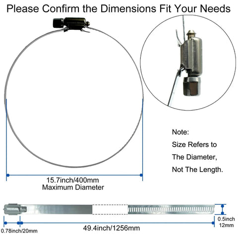 5 Pack 15.7 Inch Large Hose Clamps Stainless Steel Pipe Clamp Adjustable Worm Gear Hose Clamps diagram size details