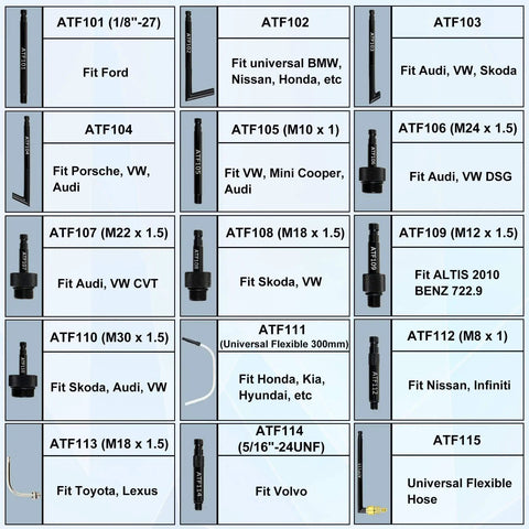 ATF adapters layout for 7.5 Liter Manual Transmission Fluid Pump Kit With 15 ATF Adapters, showing compatible car brands and models.