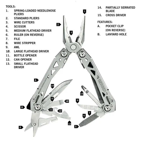 Suspension-NXT 15-In-1 EDC Multi Tool with Pocket Knife, Needle Nose Pliers, Wire Stripper, Scissors; stainless steel construction.