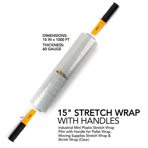 Heavy Duty 15 Inch Clear Stretch Wrap Roll With Handles For Moving And Packing 1000 Feet Of Industrial Plastic Wrap 60 Gauge Strength Cling Film For Furniture Pallets Shipping And Packing Supplies