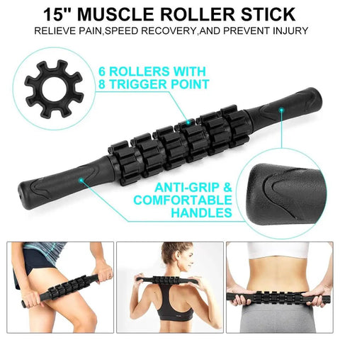 15-inch massage stick from Foam Roller Set For Full Body Recovery And Mobility High Density. Six rollers, anti-grip handles.
