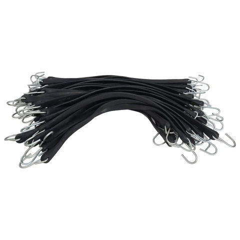 Heavy-duty rubber 15 inch tie down straps with non crimp S hooks for outdoor use, weatherproof, waterproof, 50 pack.