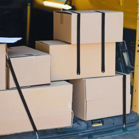 15 Inch Tie Down Straps With Non Crimp S Hooks securing boxes in a vehicle, ideal for tarp covers and cargo, 50 pack.
