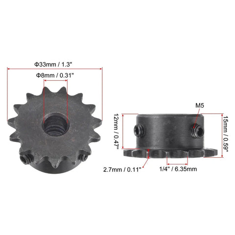15 Tooth Roller Sprocket For One Quarter Inch Pitch Chain B Type Single Strand Black Oxide C45 Carbon Steel With Set Screws
