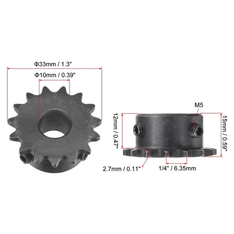 15 Tooth Roller Sprocket B Type for No 25 Chain, One Quarter Inch Pitch, Ten Millimeter Bore, Black Oxide C45 Carbon Steel With Set Screws