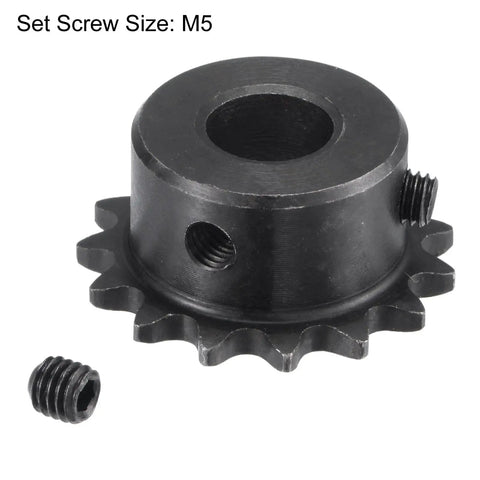 15 Tooth Roller Sprocket B Type for No 25 Chain, One Quarter Inch Pitch, Ten Millimeter Bore, Black Oxide C45 Carbon Steel With Set Screws