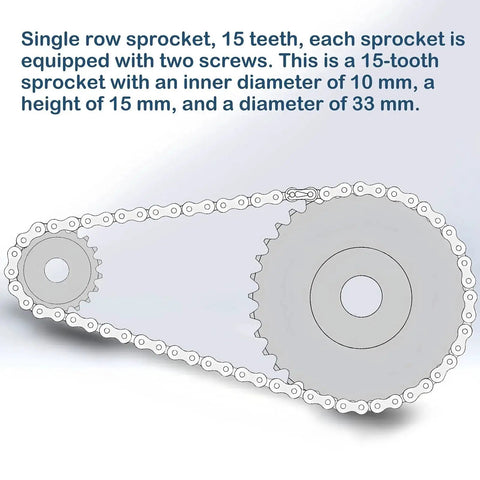 Diagram of two 15 tooth roller sprockets for quarter inch pitch chain ISO 04C B Type with 10mm bore in chain setup.