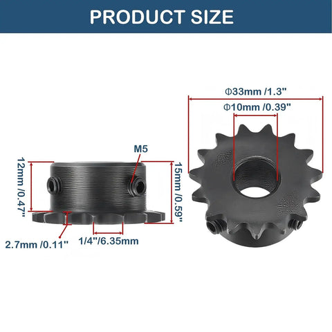 Dimensions of Two 15 Tooth Roller Sprockets For Quarter Inch Pitch Chain ISO 04C B Type With 10mm Bore Black Oxide C45 Carbon Steel