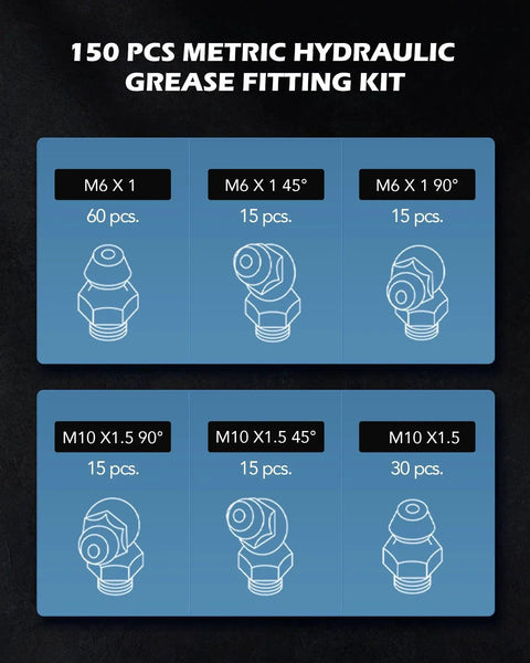 All In One 150 Piece Metric Grease Fittings Kit With M6 M10 Straight And 45 Degree And 90 Degree Angled Hydraulic Zerk Assortment