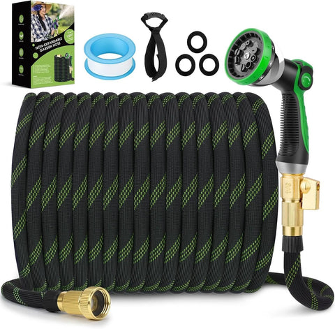 FlexiSolve non-expandable 150 ft garden hose with black fabric and green stripe, brass fittings, 10-pattern spray nozzle
