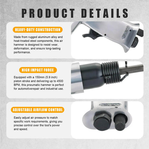 Product details of powerful 150mm air hammer kit with 4 chisels and quick change retainer, highlighting construction and features.