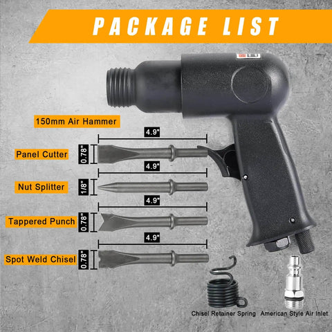 Package list showing 150mm Air Hammer Kit With 4 Chisels And Quick Change Retainer Built Tough Heavy Duty Pneumatic Shovel Tool