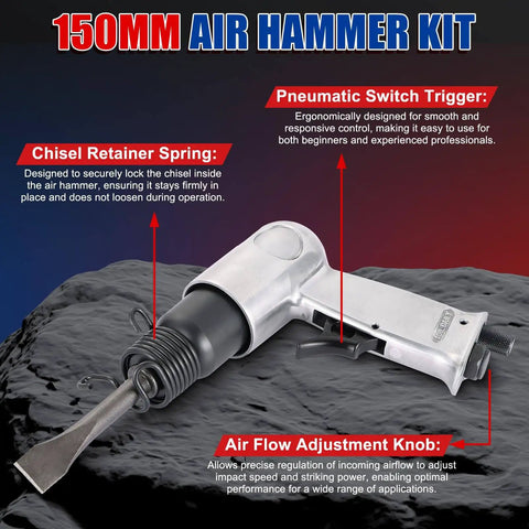Beefy 150mm Air Hammer Kit With 4500 BPM Short Barrel Pneumatic Hammer on rock surface featuring chisel retainer and controls.