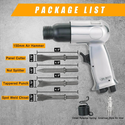 Powerful 150mm air hammer kit with 4 chisels and quick change retainer for automotive, metal, and masonry use