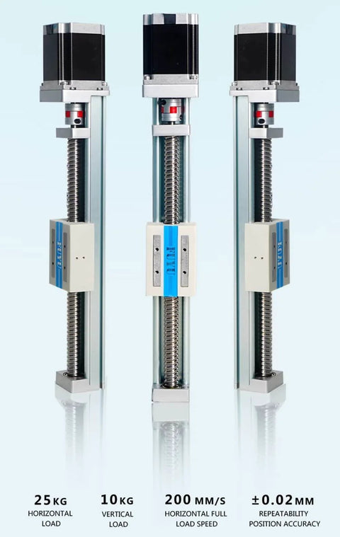 150mm CNC Linear Guide Module with Ball Screw, Nema 23 Stepper Motor, three modules side by side, highlighting load and speed