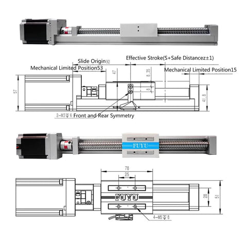 150mm CNC Linear Guide Module with Ball Screw, Nema 23 Stepper Motor, 150mm Stroke, design schematic and labeled dimensions