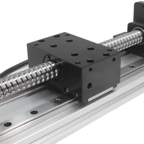 Close-up of the 150mm Effective Travel Length Double Linear Rail Guide Ballscrew SFU1605 with NEMA23 Stepper Motor for CNC routers.