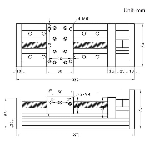 Technical diagram of 150mm Effective Travel Length Double Linear Rail Guide Ballscrew SFU1605 with NEMA23 Stepper Motor.